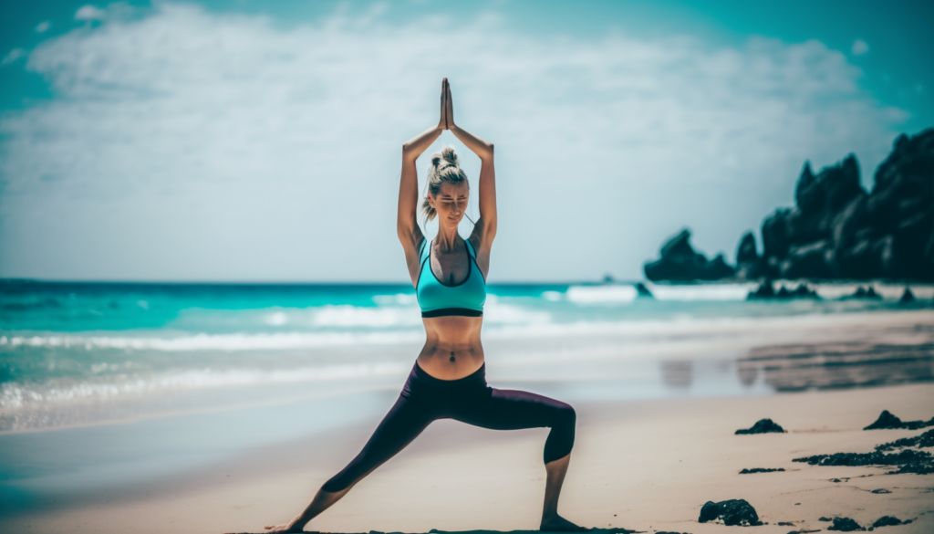 Image of woman practicing yoga on the beach to prevent premature aging