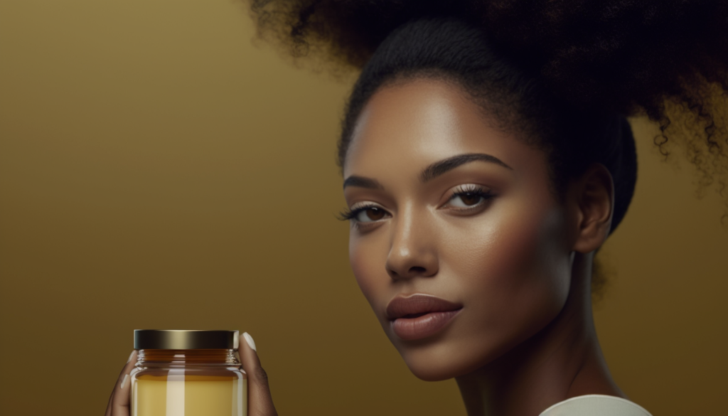 Woman holding a jar of natural skincare product.