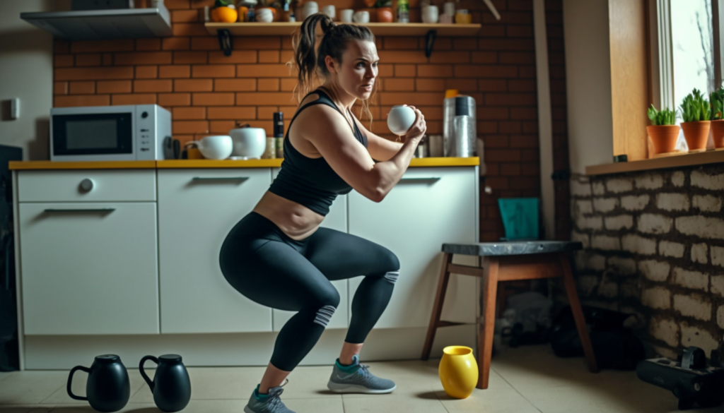 Woman performing a squat exercise without equipment in her home
