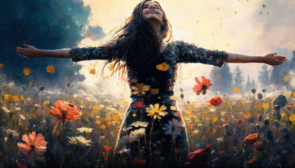 Person standing in a field of flowers, looking up towards the sky with arms outstretched