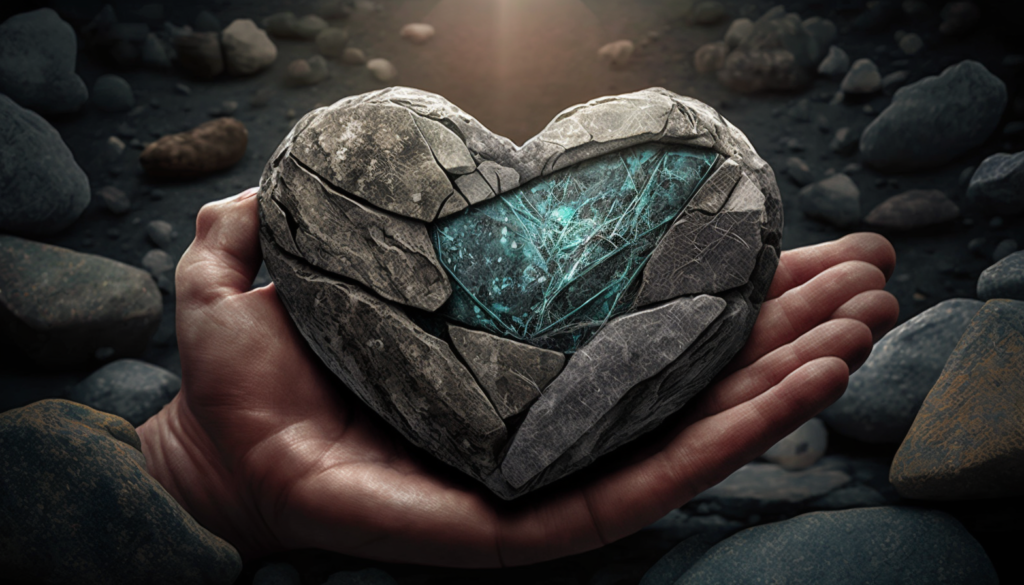 Image of a person's hand holding a heart-shaped stone symbolizing forgiveness