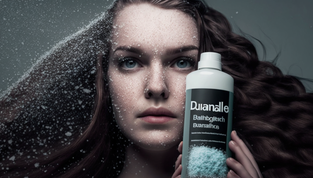 Image of a person holding a bottle of anti-dandruff shampoo with flakes in the background