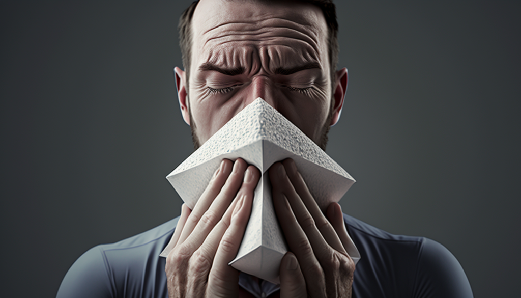Image of a person with allergy symptoms holding a tissue.