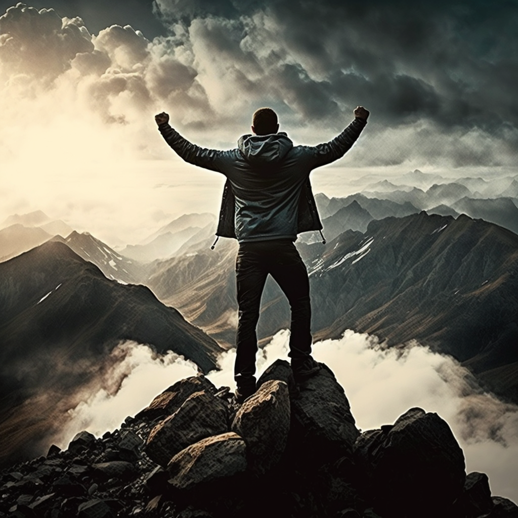 a person standing on a mountaintop with arms raised in triumph.