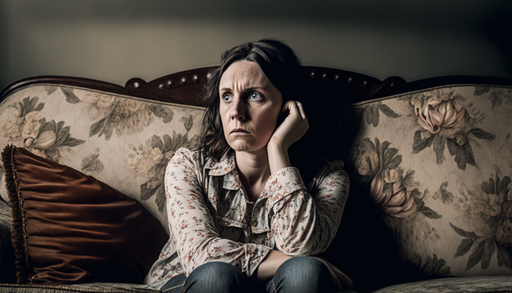 a woman sitting on a couch and looking worried