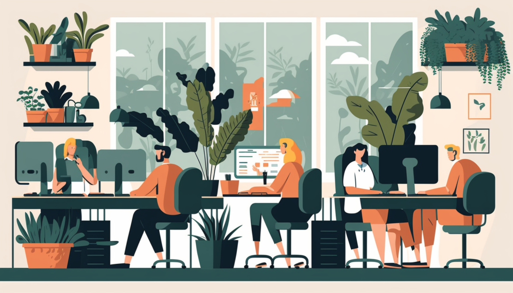 A group of diverse employees working together in a bright and spacious office