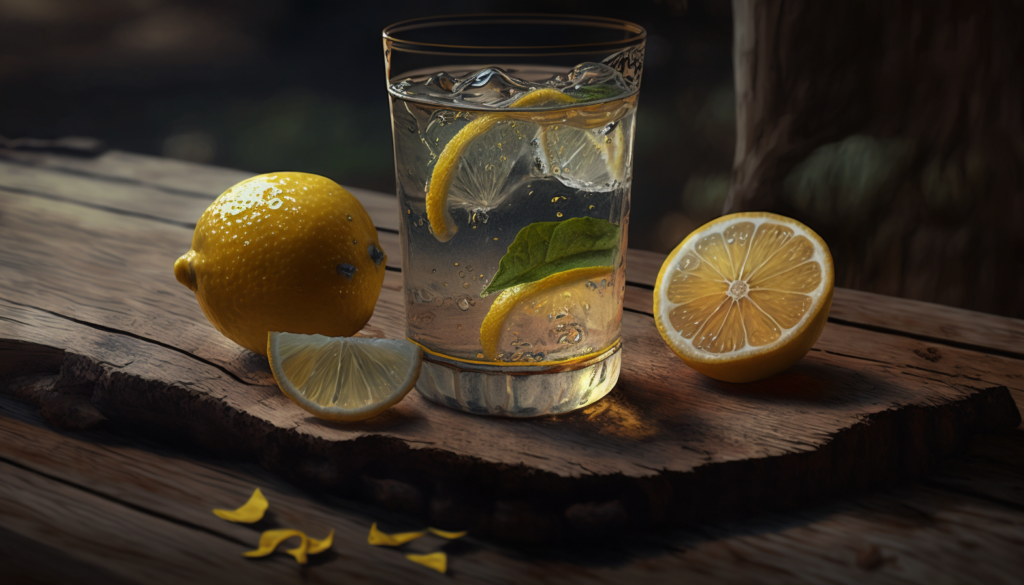 A glass of water with lemon slices on a wooden table